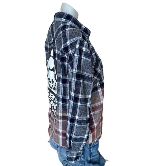 Mama Bear Needs Wine Plaid Flannel Shirt Shacket SMALL Classic Oversize Unique - Picture 3 of 5